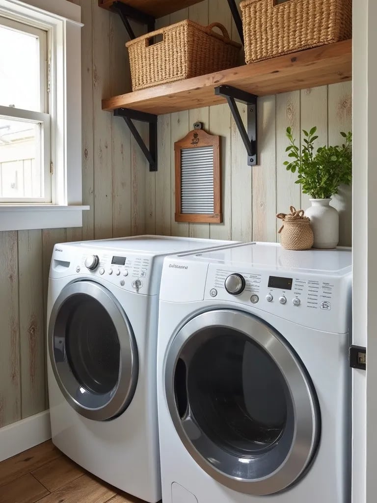 Charming laundry area with faux wood wallpaper and rustic elements