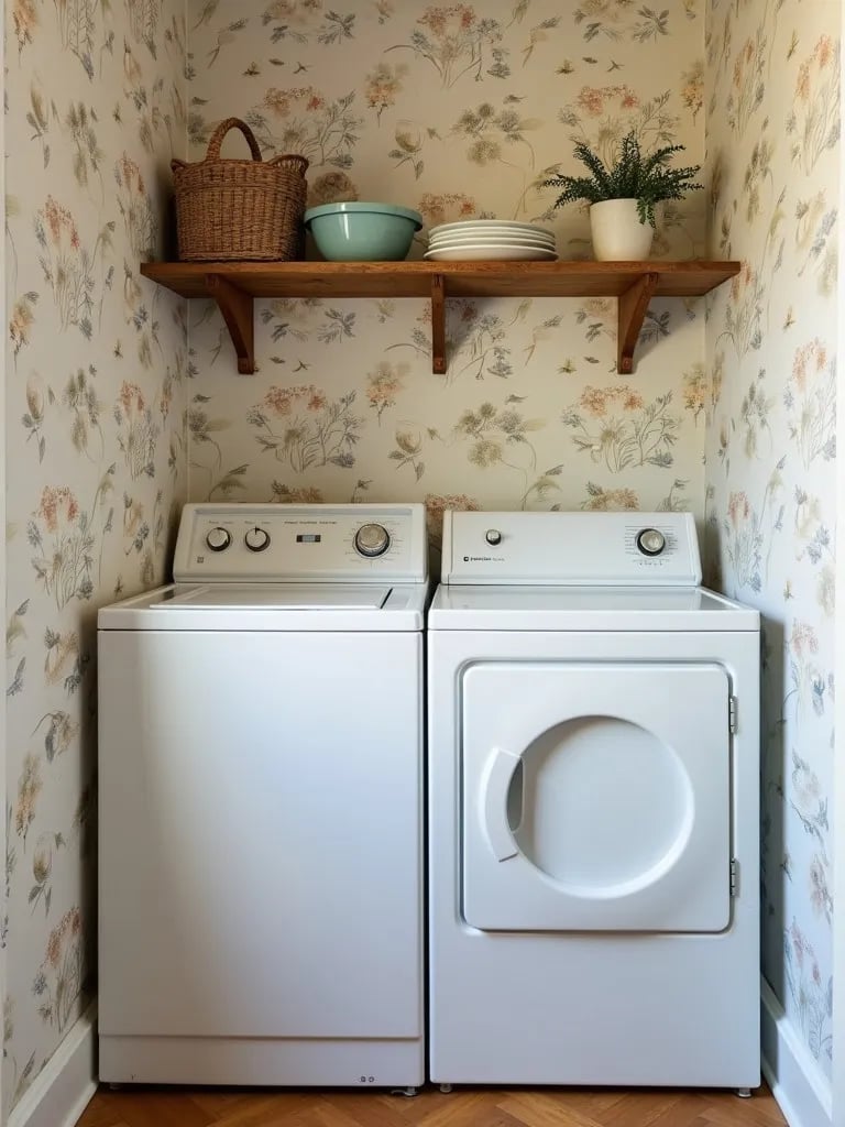 Charming laundry nook with vintage floral wallpaper and rustic shelf