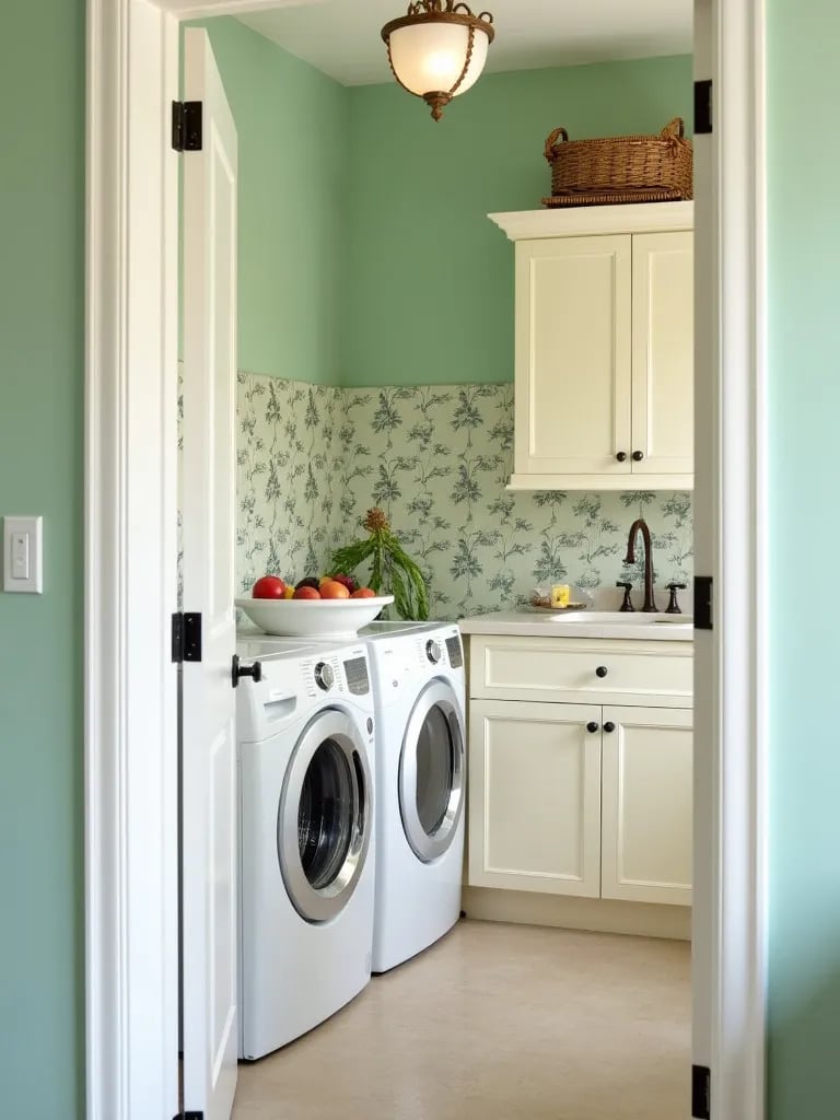 Charming laundry room featuring mint green walls and floral accents