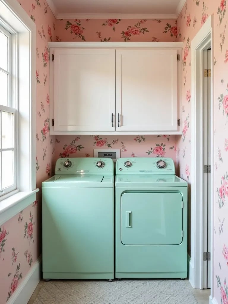 Charming laundry room featuring pink floral wallpaper and patterned tile floor