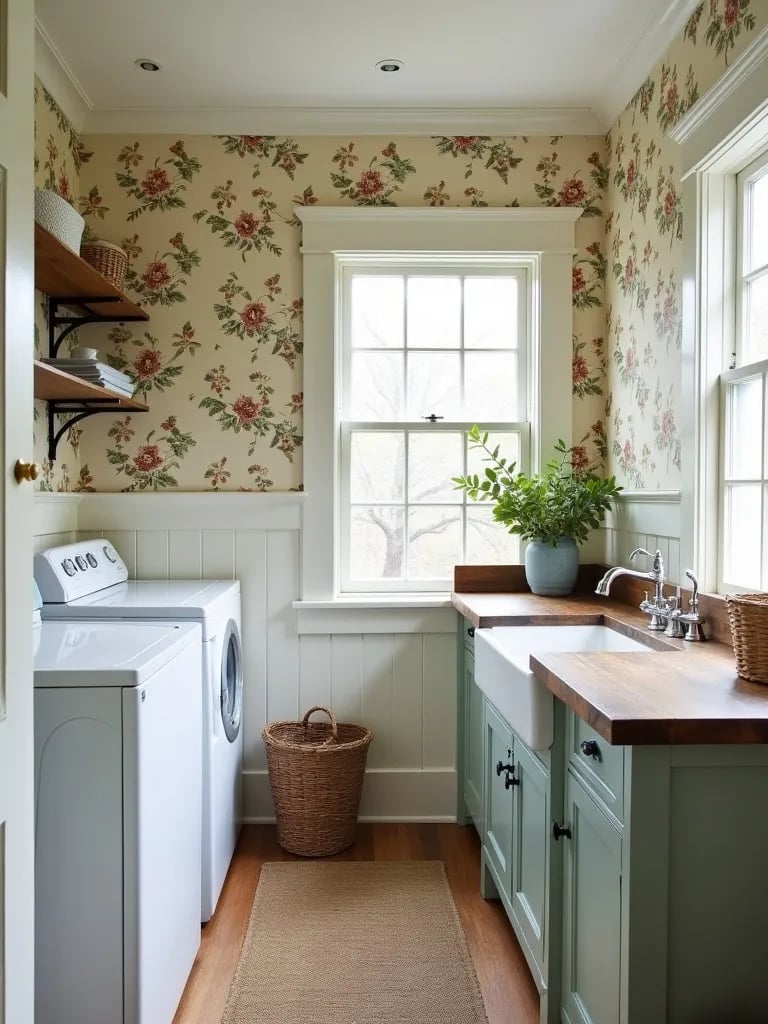 Charming laundry room featuring vintage floral wallpaper and porcelain sink