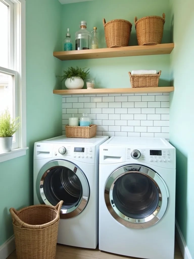 Charming laundry room with mint green walls and white subway tile backsplash