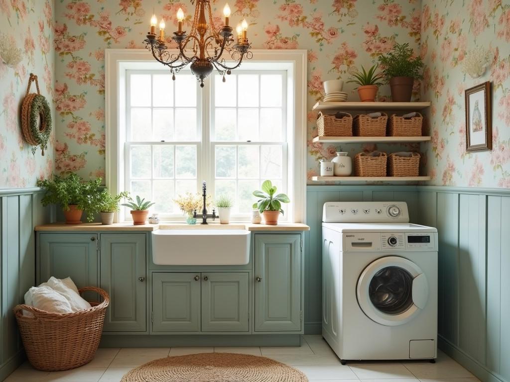 Charming laundry room with pastel floral wallpaper, farmhouse sink, and antique chandelier