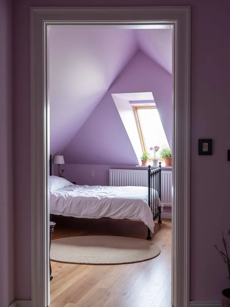Charming lavender attic bedroom with natural light and plants