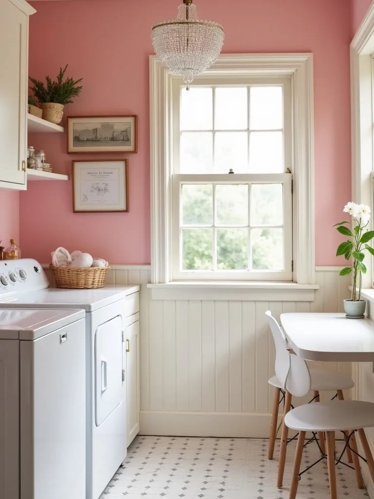 Charming retro style laundry room with soft pink walls and vintage accents