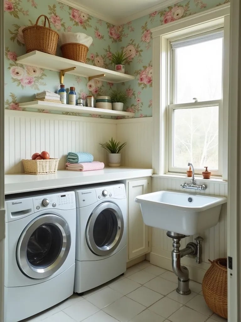 Charming vintage laundry room featuring floral wallpaper and clawfoot sink
