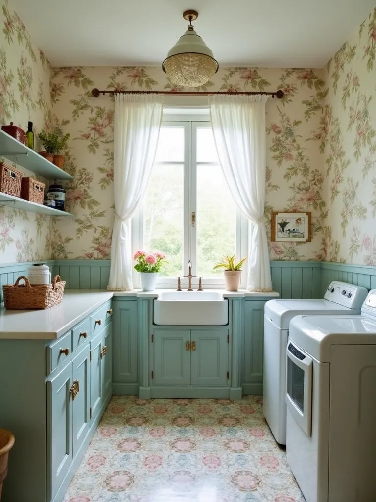 Charming vintage laundry room with toile wallpaper and farmhouse sink