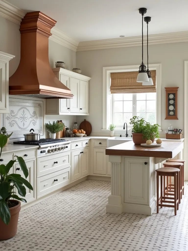 Charming white French inspired kitchen with wooden island and tile floor