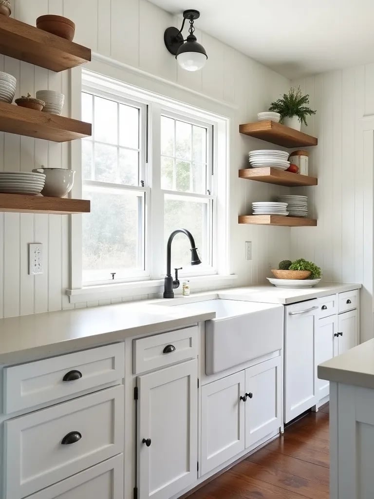 Charming white farmhouse kitchen with beadboard and open shelving