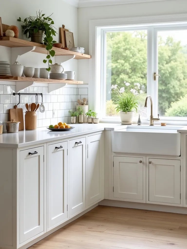 Charming white farmhouse kitchen with vintage elements and garden view