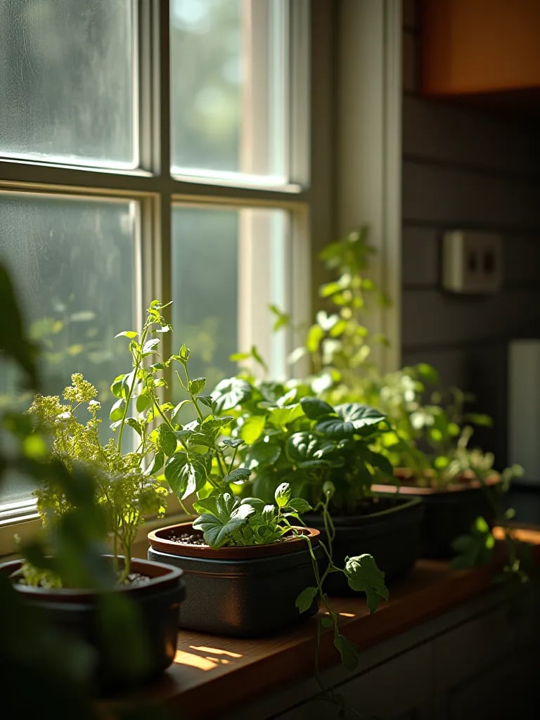 Charming window boxes filled with vegetables and herbs viewed from kitchen