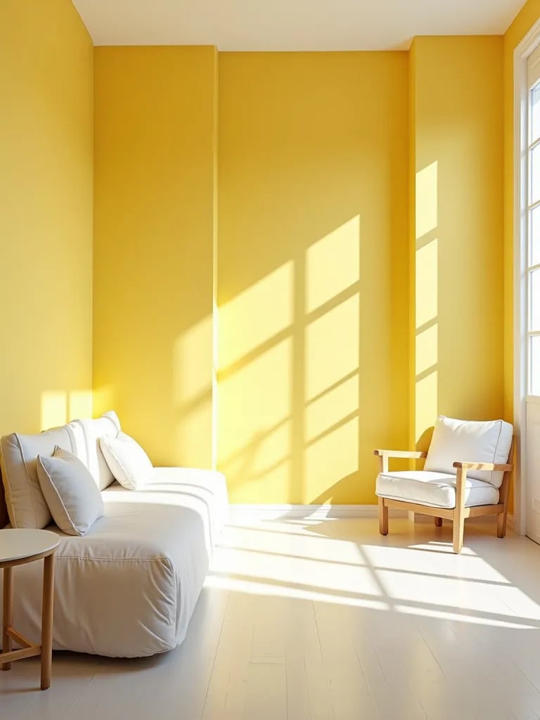 Cheerful bedroom featuring sunny yellow walls and airy atmosphere