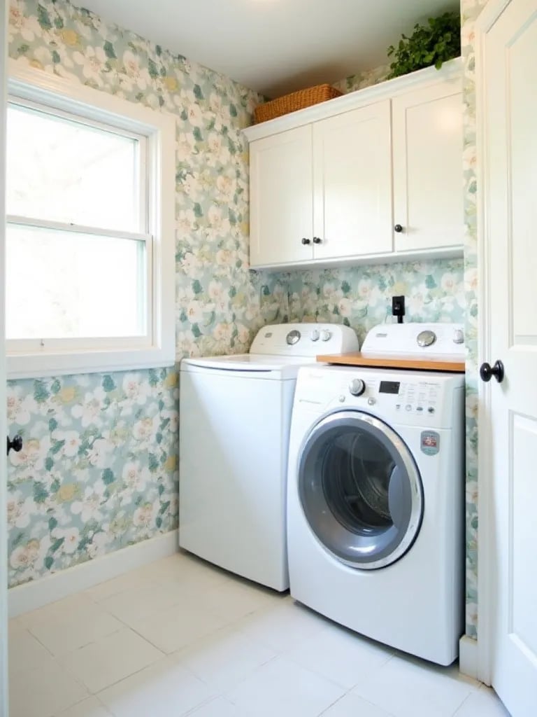 Cheerful laundry room featuring floral wallpaper and white cabinetry