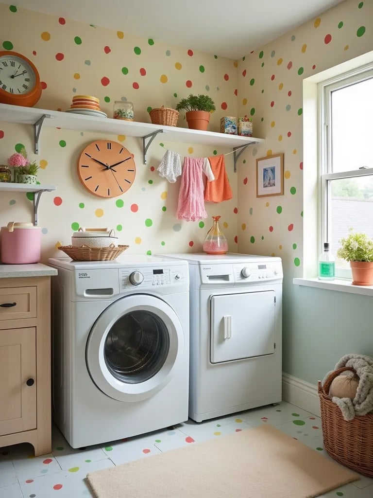 Cheerful laundry room with colorful polka dot wallpaper and retro accents