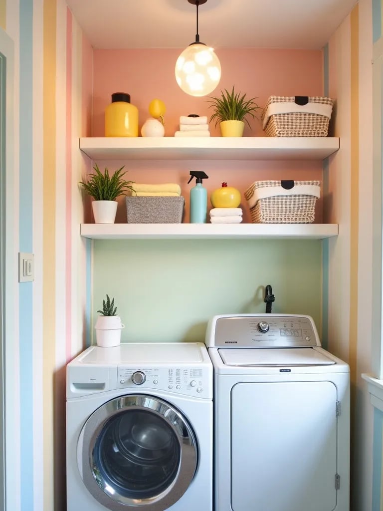 Cheerful laundry room with pastel rainbow striped wallpaper and colorful accents