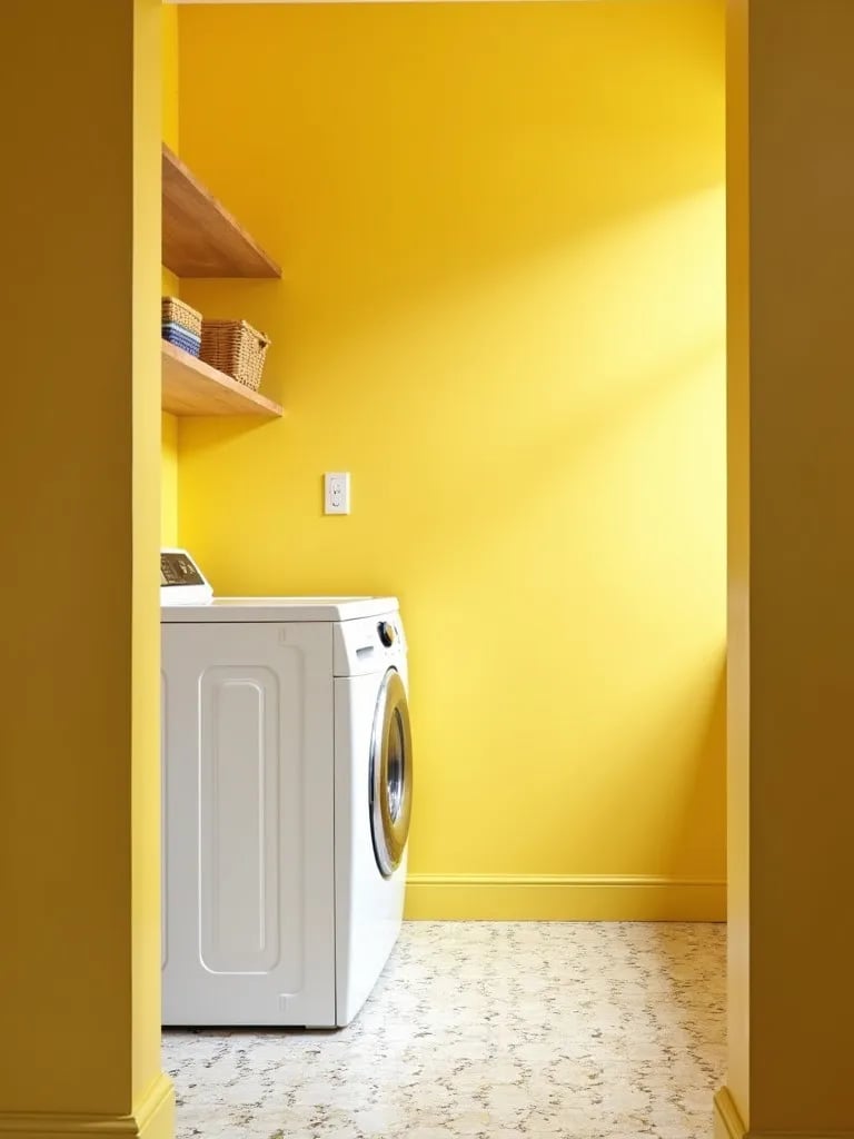 Cheerful laundry room with sunny yellow walls and patterned floor tiles