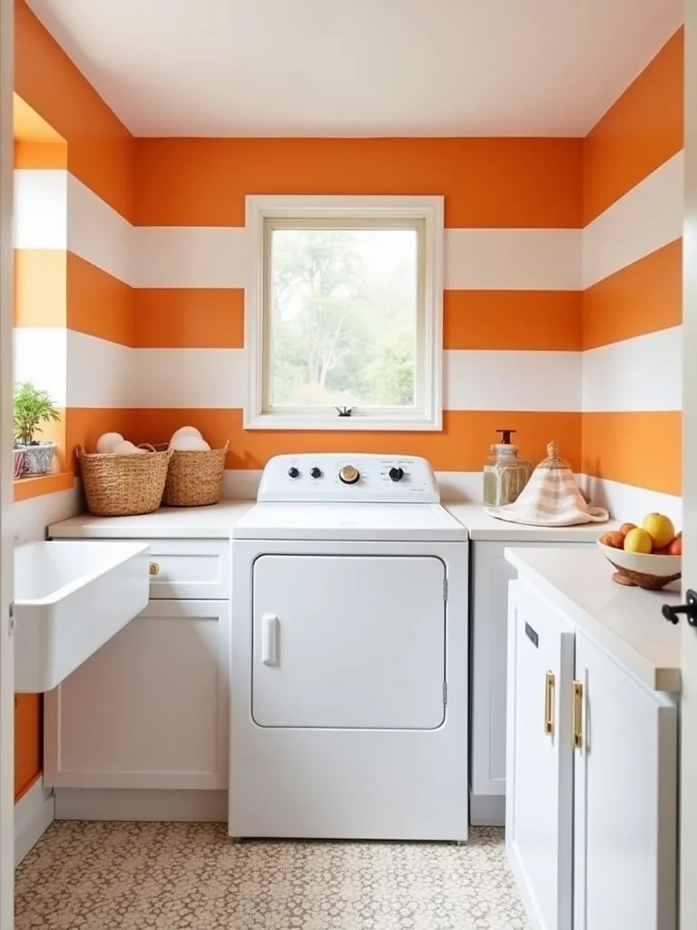Cheerful laundry room with white and orange striped walls and patterned floor