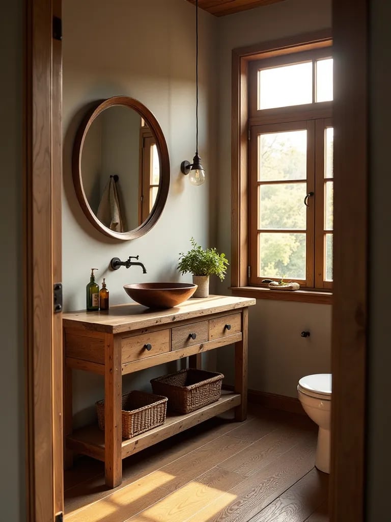 Chic bathroom featuring reclaimed wood vanity with copper vessel sink