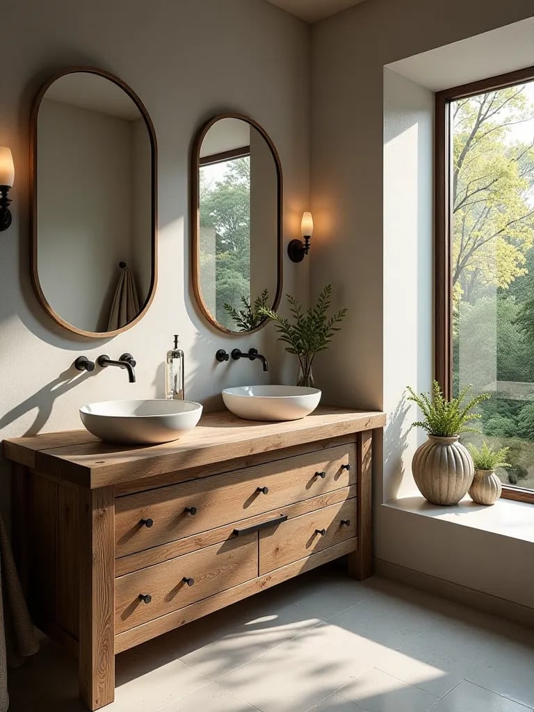 Chic bathroom with wooden double vanity, modern sinks, and picturesque window view