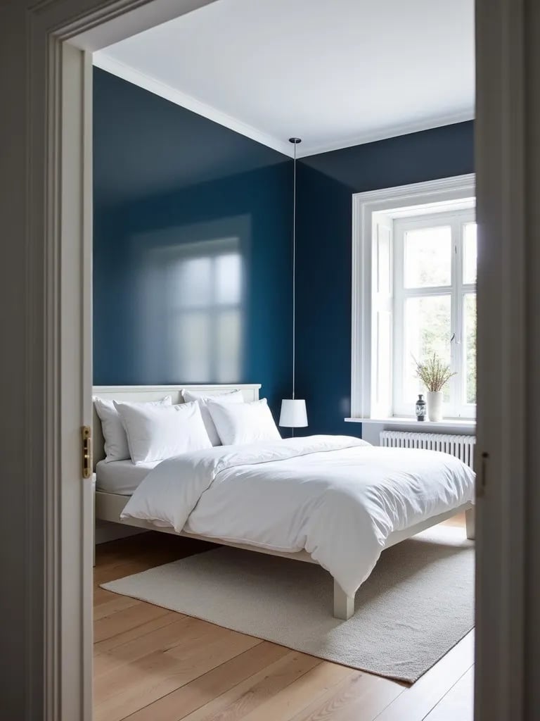 Chic bedroom featuring high gloss navy wall and white bedding