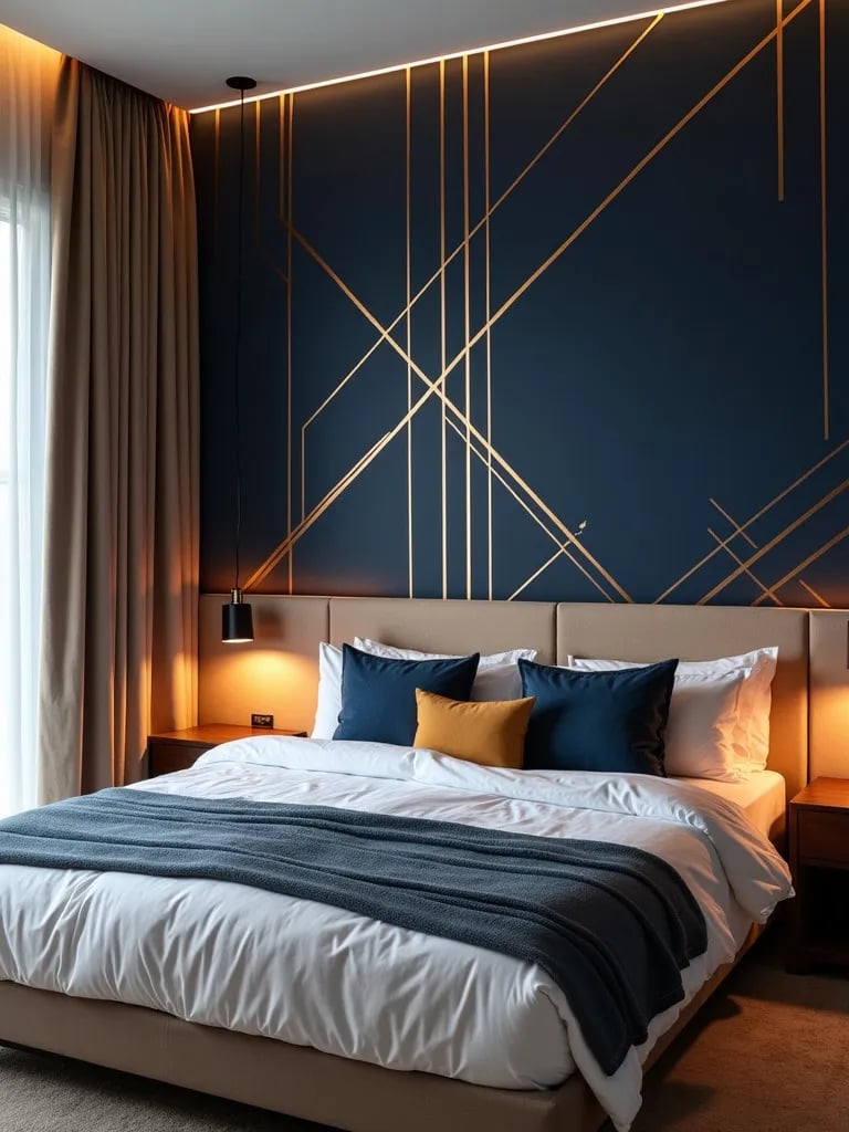 Chic bedroom featuring navy and gold geometric patterned wall