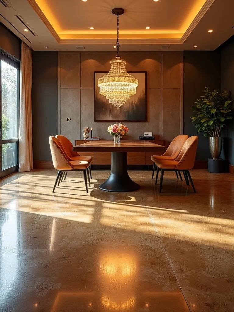 Chic dining area with glossy metallic floor reflecting chandelier light