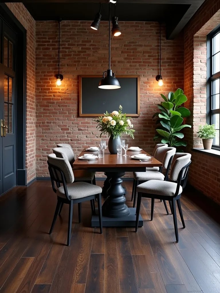 Chic industrial dining area with textured dark vinyl floors and metal accents