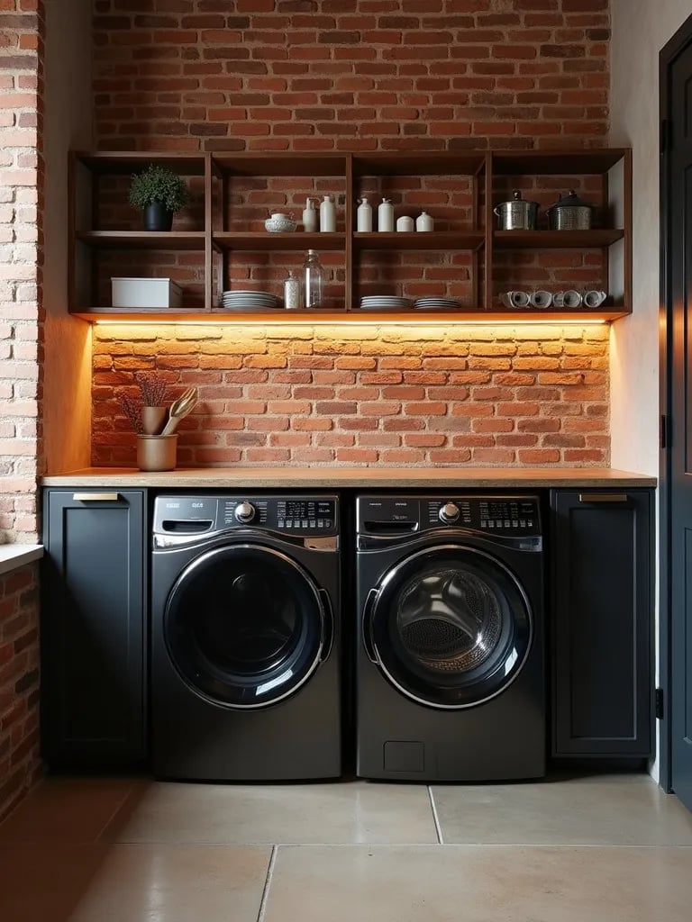 Chic industrial laundry room featuring brick effect wallpaper and urban loft decor