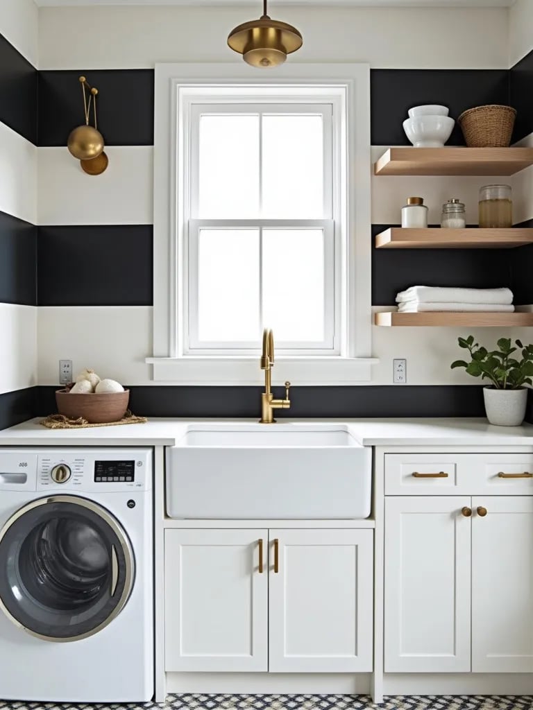 Chic laundry area featuring bold striped wallpaper and modern white cabinetry