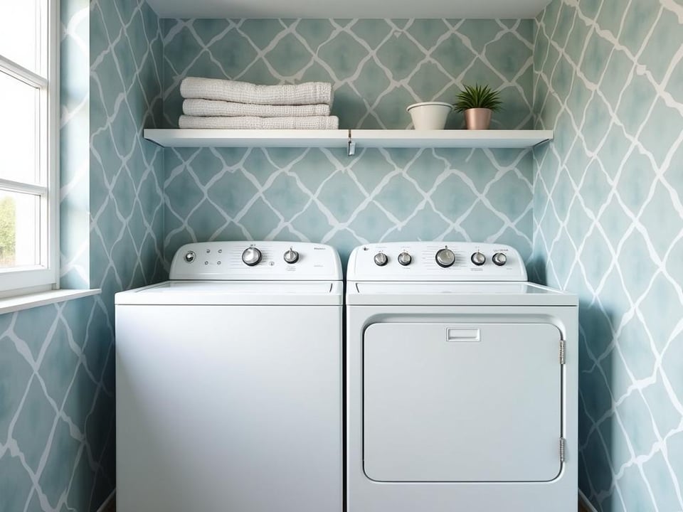 Chic laundry room featuring blue and gray geometric wallpaper and modern amenities