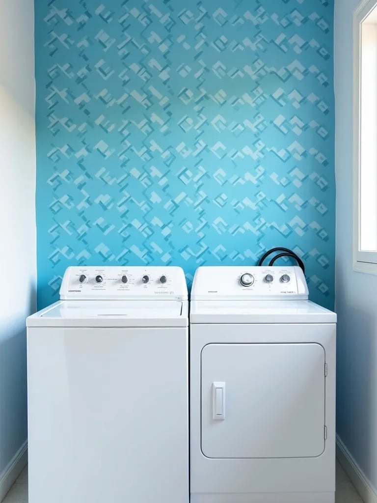Chic laundry room featuring blue geometric wallpaper and modern appliances