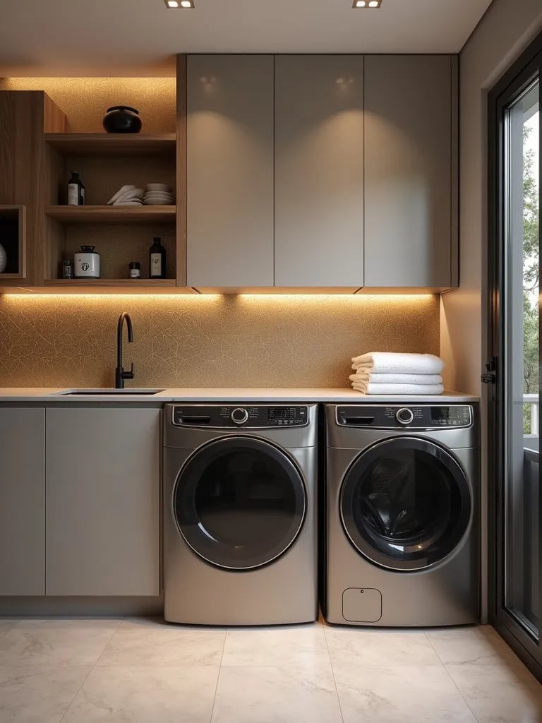 Chic laundry room featuring metallic geometric wallpaper and modern appliances