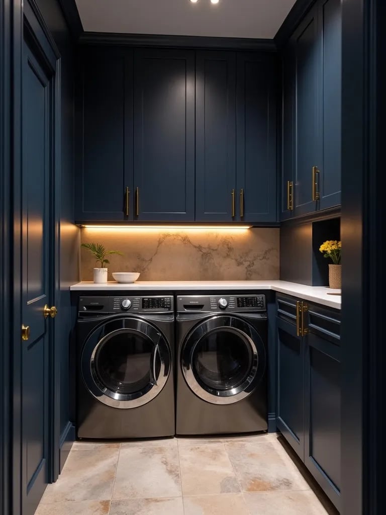 Chic laundry room featuring navy walls and brass hardware