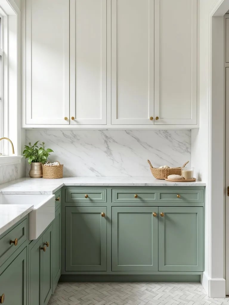 Chic laundry room featuring sage cabinets, marble, and brass accents