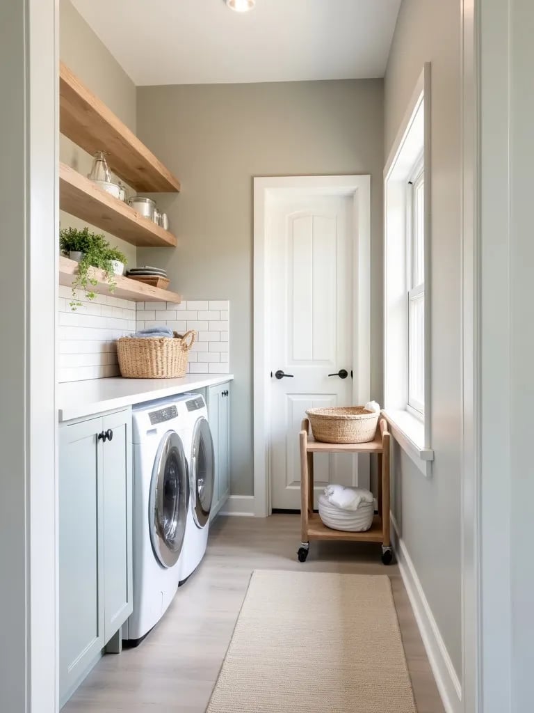 Chic laundry room with greige walls and white subway tile backsplash