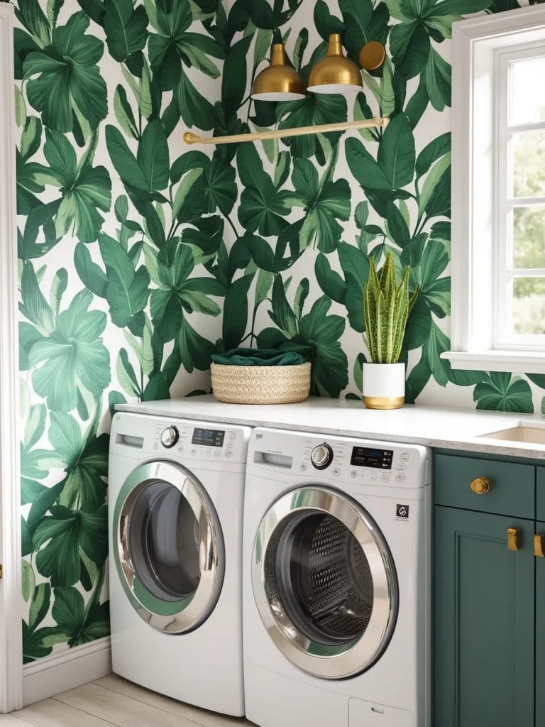 Chic laundry room with tropical leaf wallpaper and gold accents