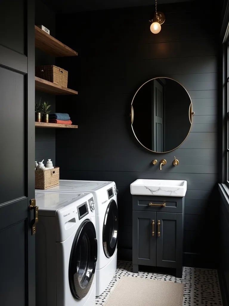 Chic laundry space featuring dark shiplap and contrasting marble elements