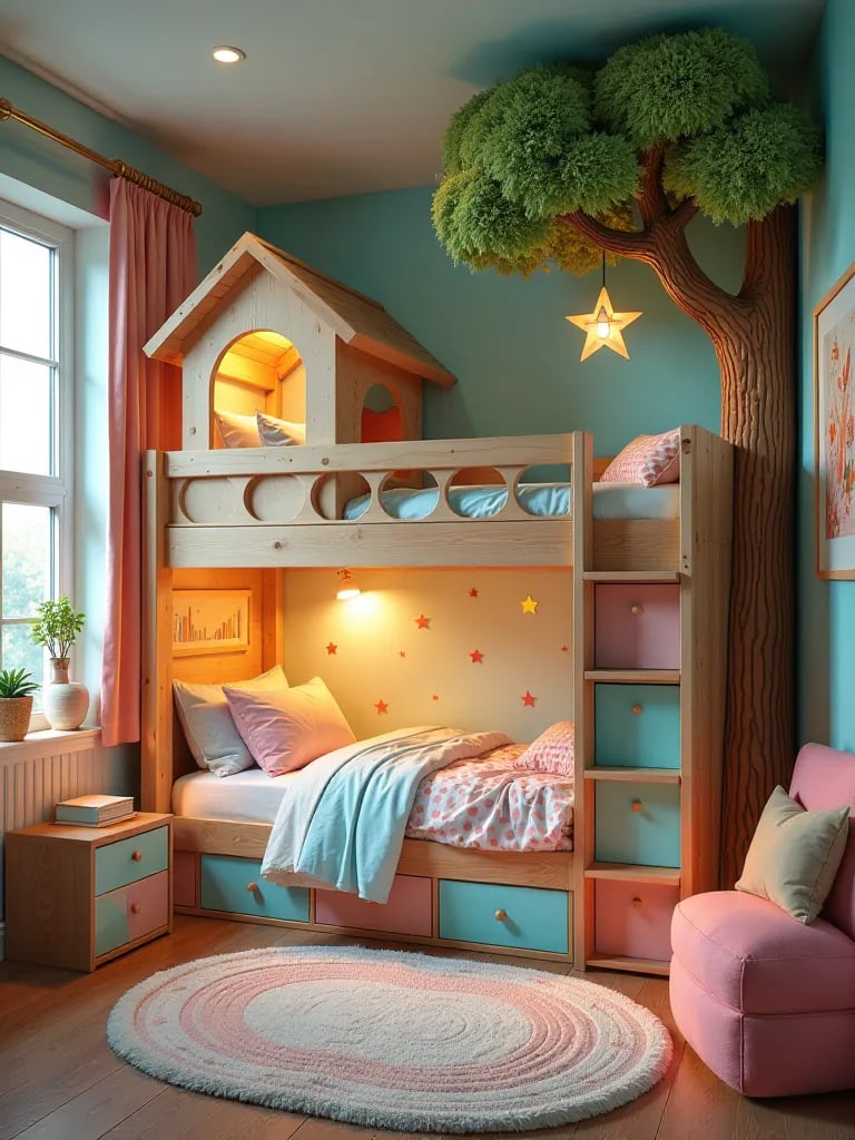 Children’s bedroom featuring treehouse bed and star shaped ceiling lights