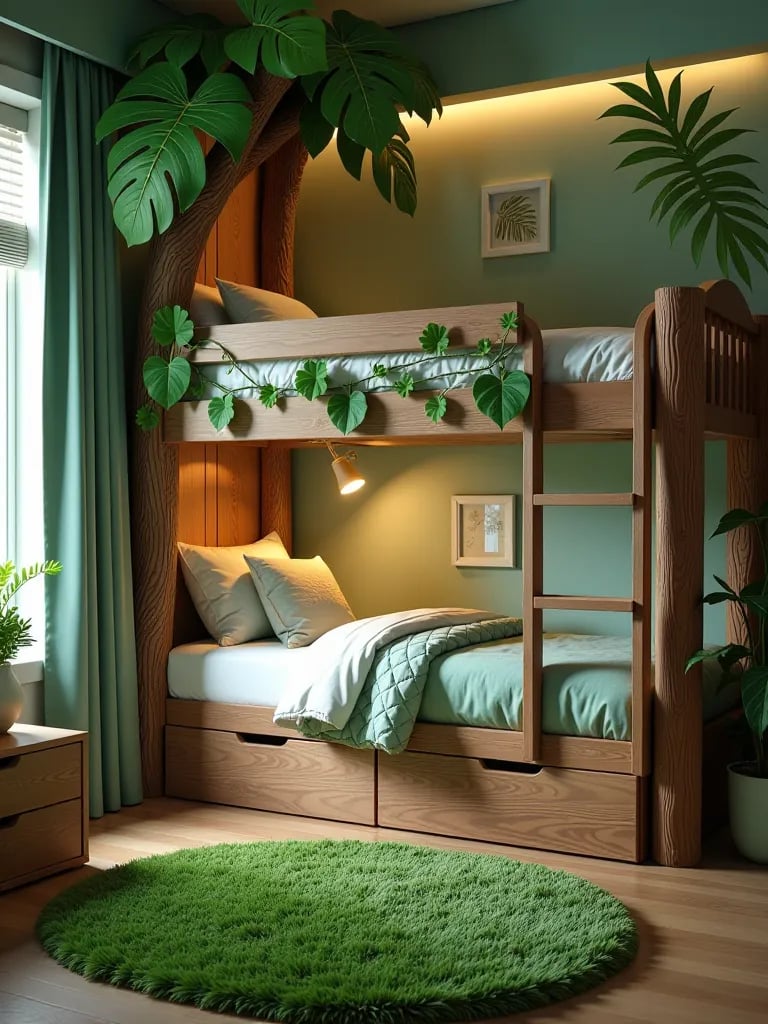 Children’s bedroom with jungle theme, bunk bed, and grass like rug