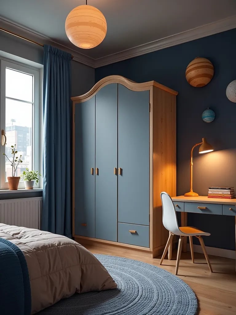 Children’s bedroom with space themed furniture and celestial lighting