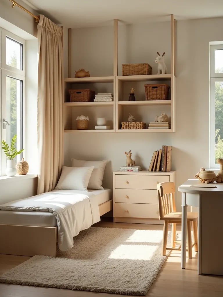 Children’s room with nautical theme, boat bed, and rope accented storage