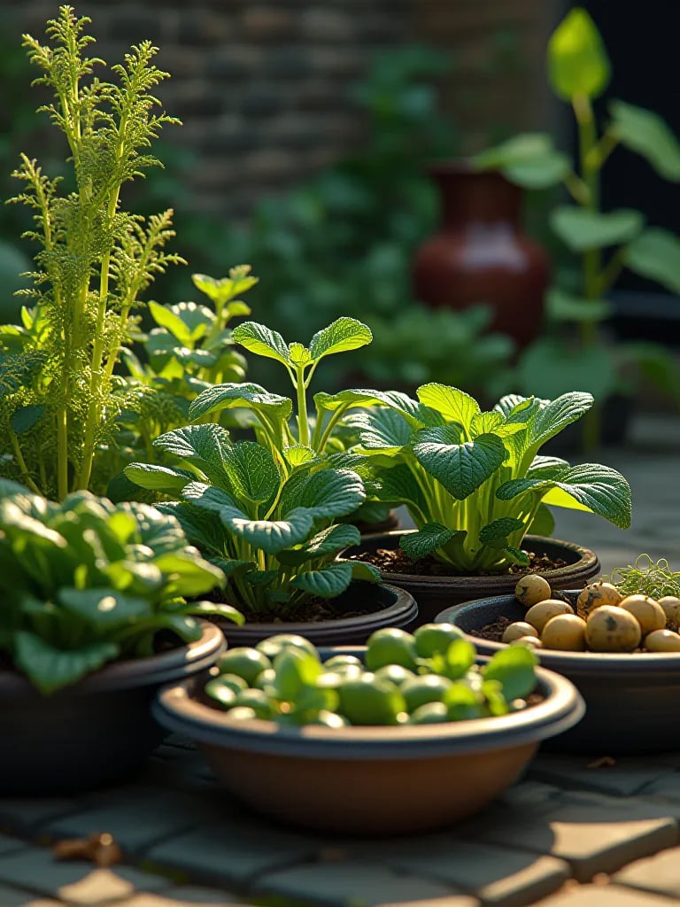 Circular patio container garden with vegetables and compost tea brewer