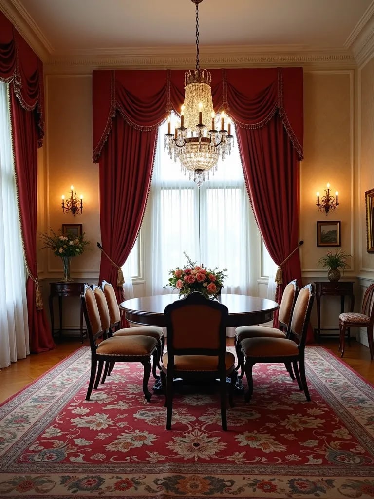 Classic dining room featuring plush wool carpet and elegant furnishings