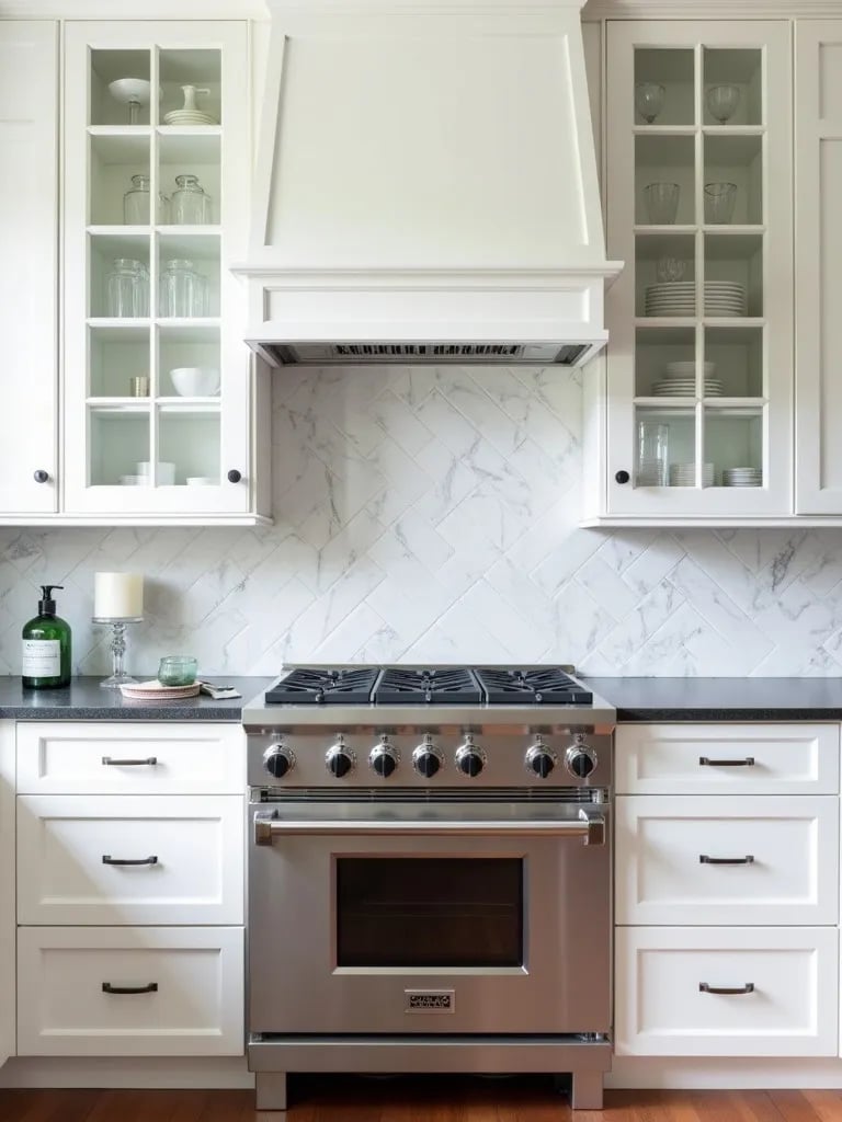 Classic white kitchen with glass cabinets and stainless steel appliances