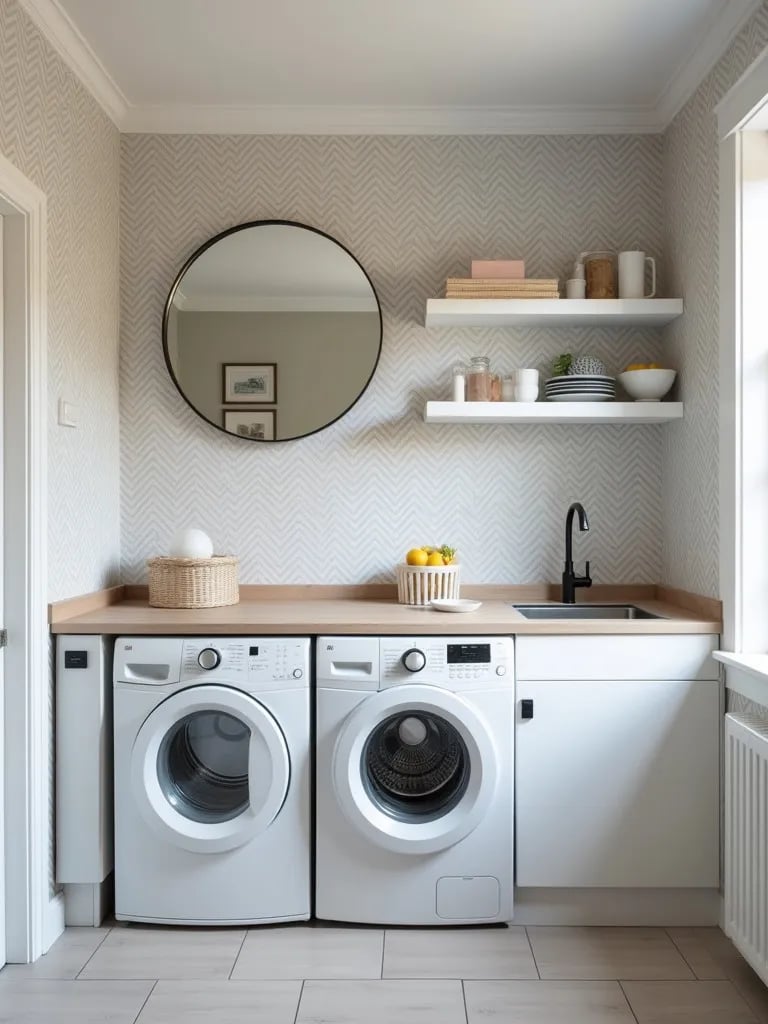 Clean and modern laundry area with subtle patterned wallpaper and sleek fixtures