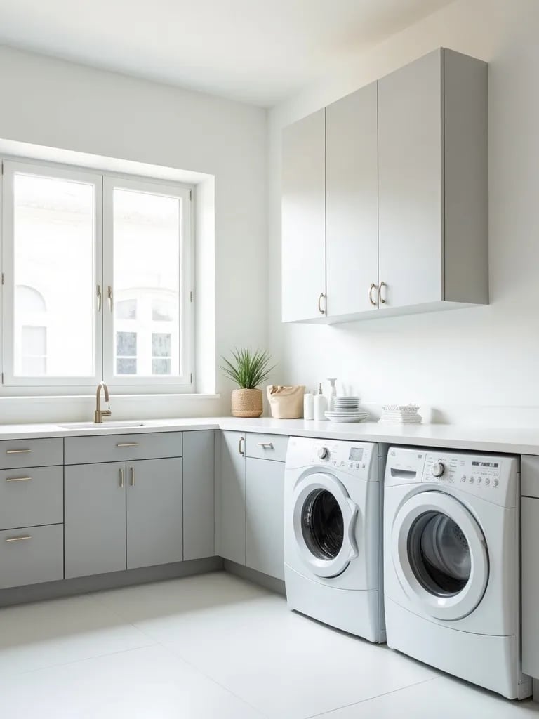 Clean, bright laundry room with white walls and large window