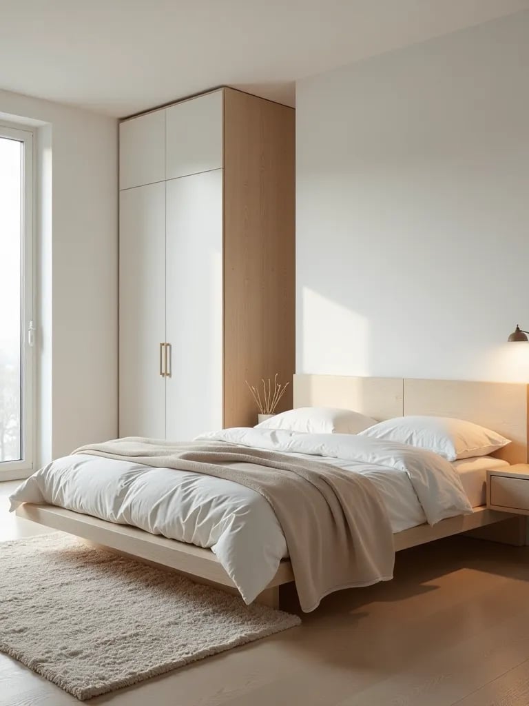 Clean lined Scandinavian bedroom with white and wood furniture
