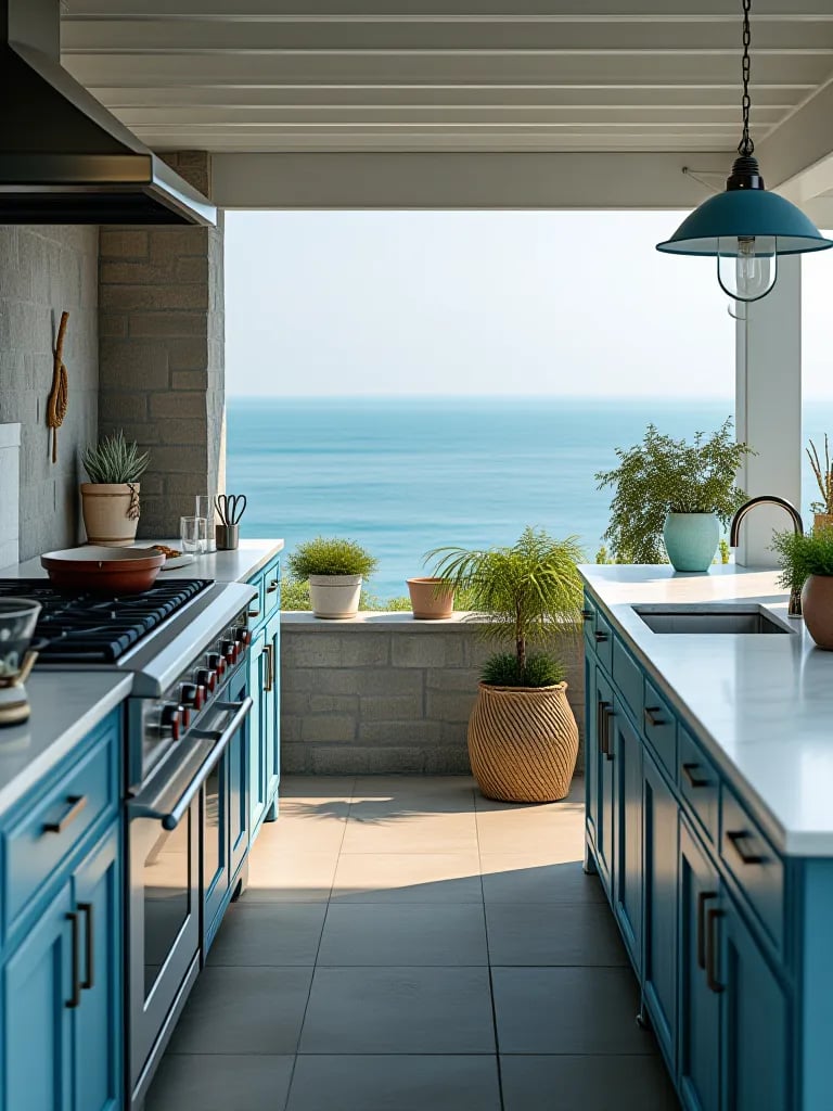 Clean lined outdoor kitchen with black accents and potted birch trees