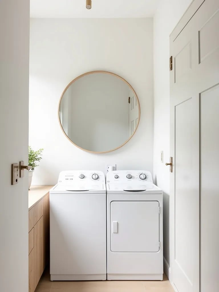 Clean, minimalist white laundry room with Scandinavian design elements
