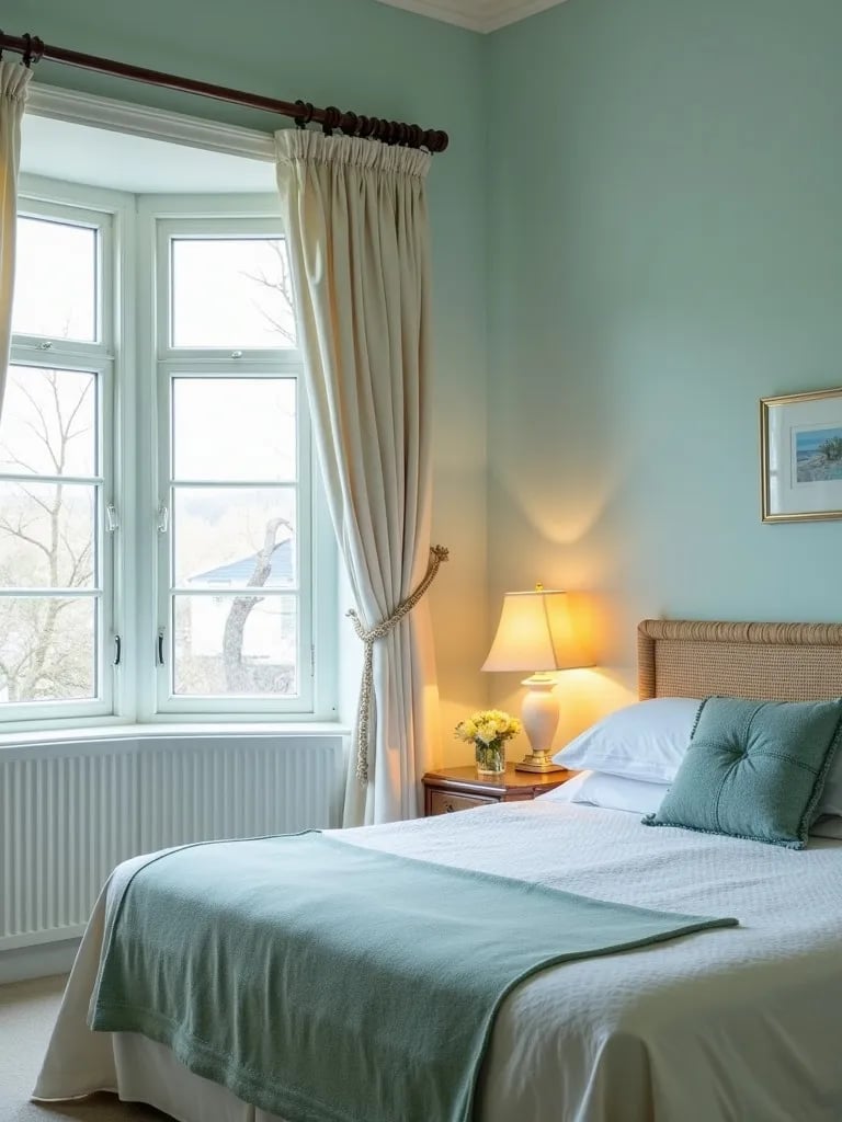 Coastal bedroom with aqua walls lit by natural light and warm lamps